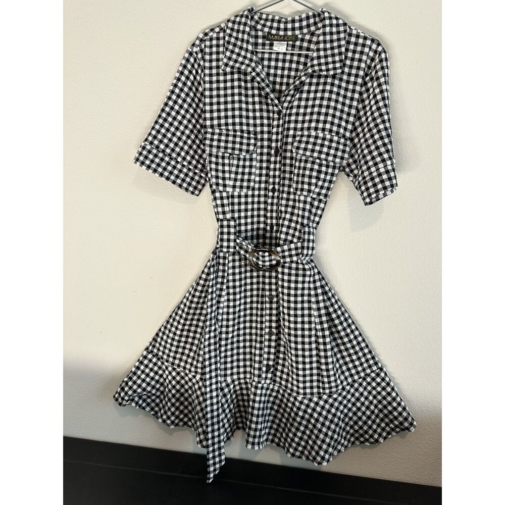 Maria Jose Black White Gingham Shirt Dress M/L Belted Button Front Plaid Dress